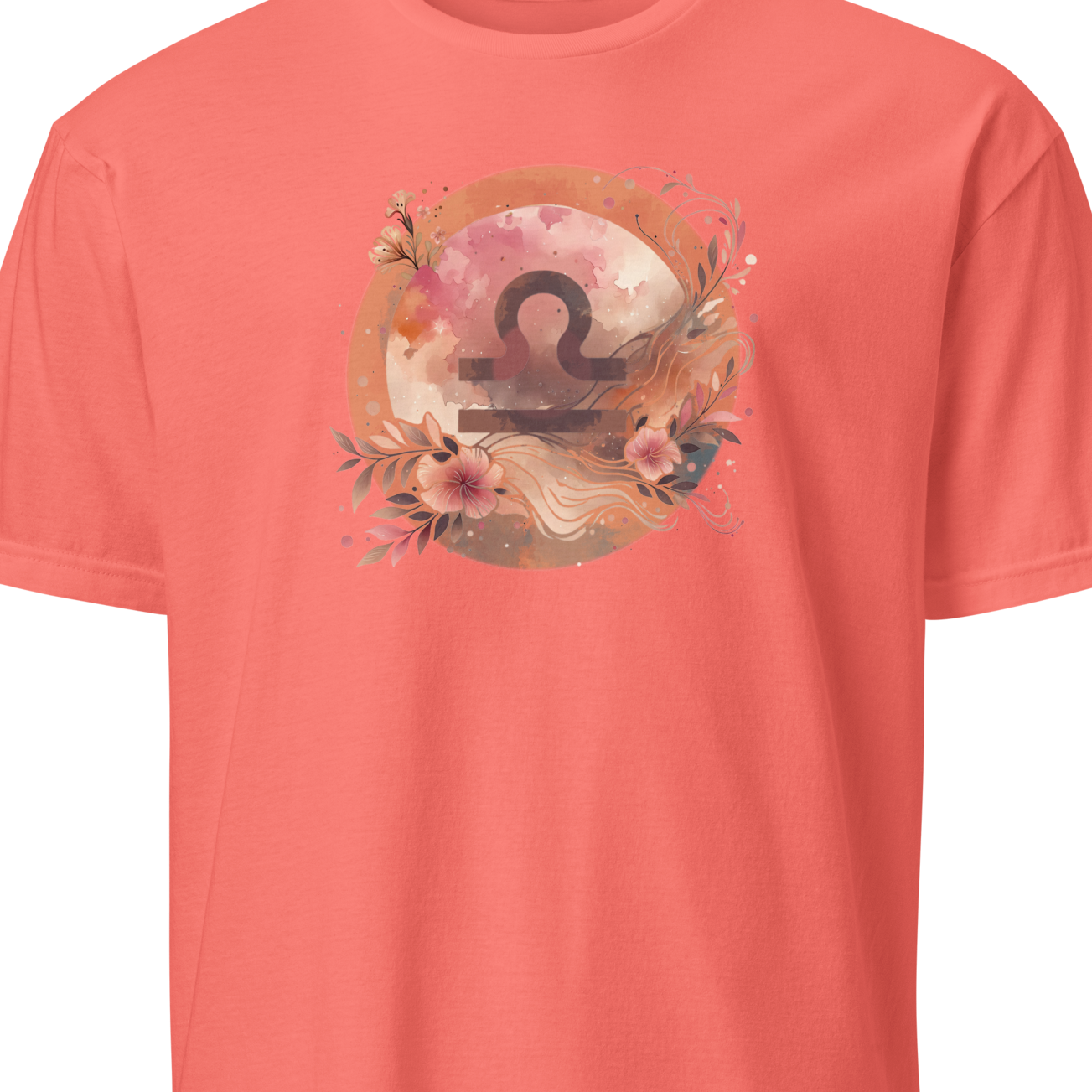 Coral t-shirt with a floral zodiac design on a white background