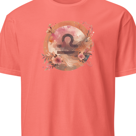 Coral t-shirt with a floral zodiac design on a white background