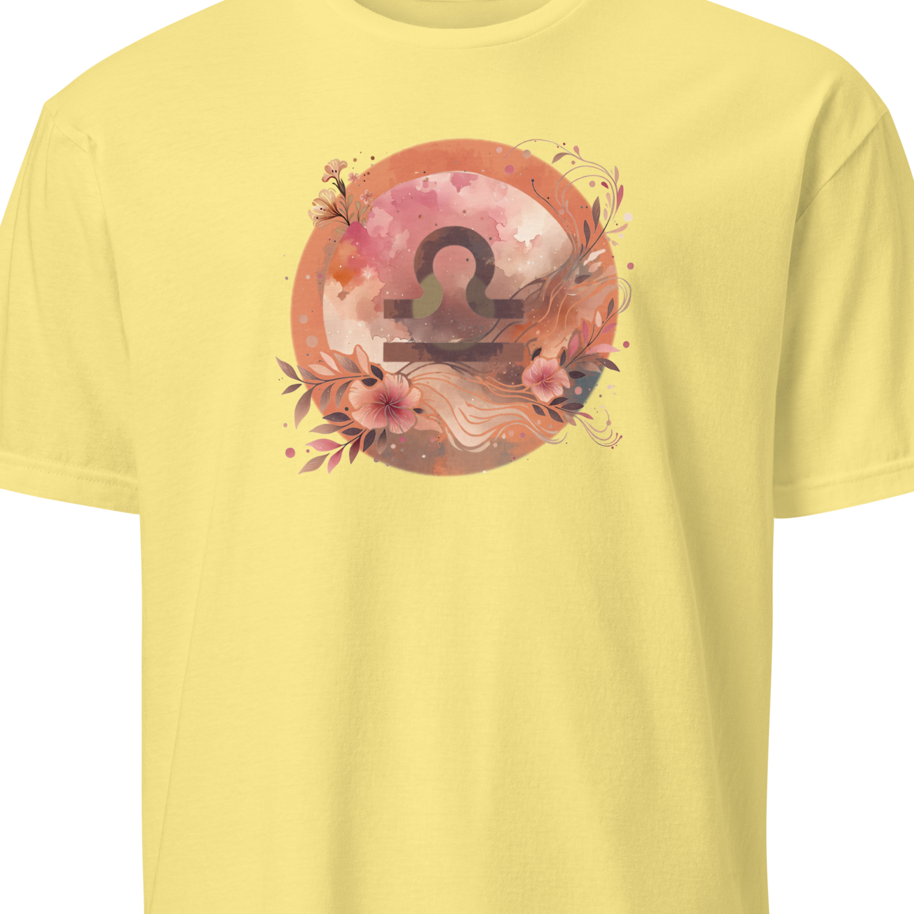 Yellow t-shirt with a floral zodiac symbol design on a white background
