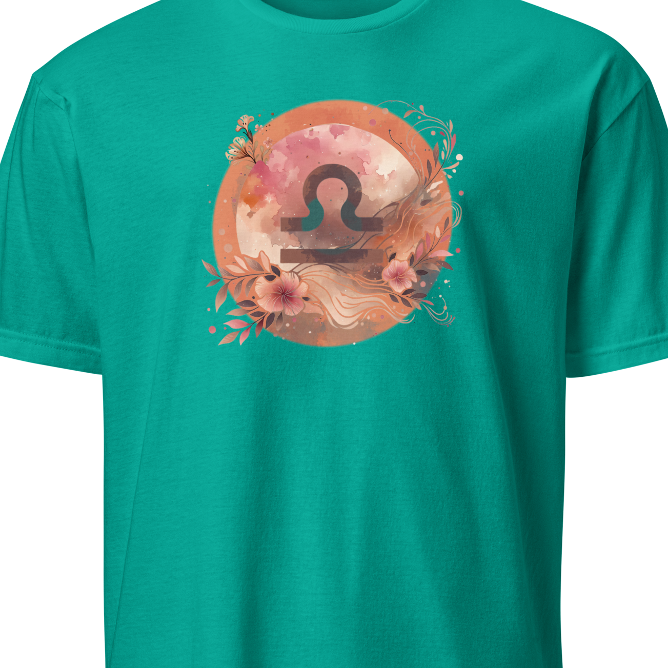 Teal t-shirt with a floral zodiac design on a white background