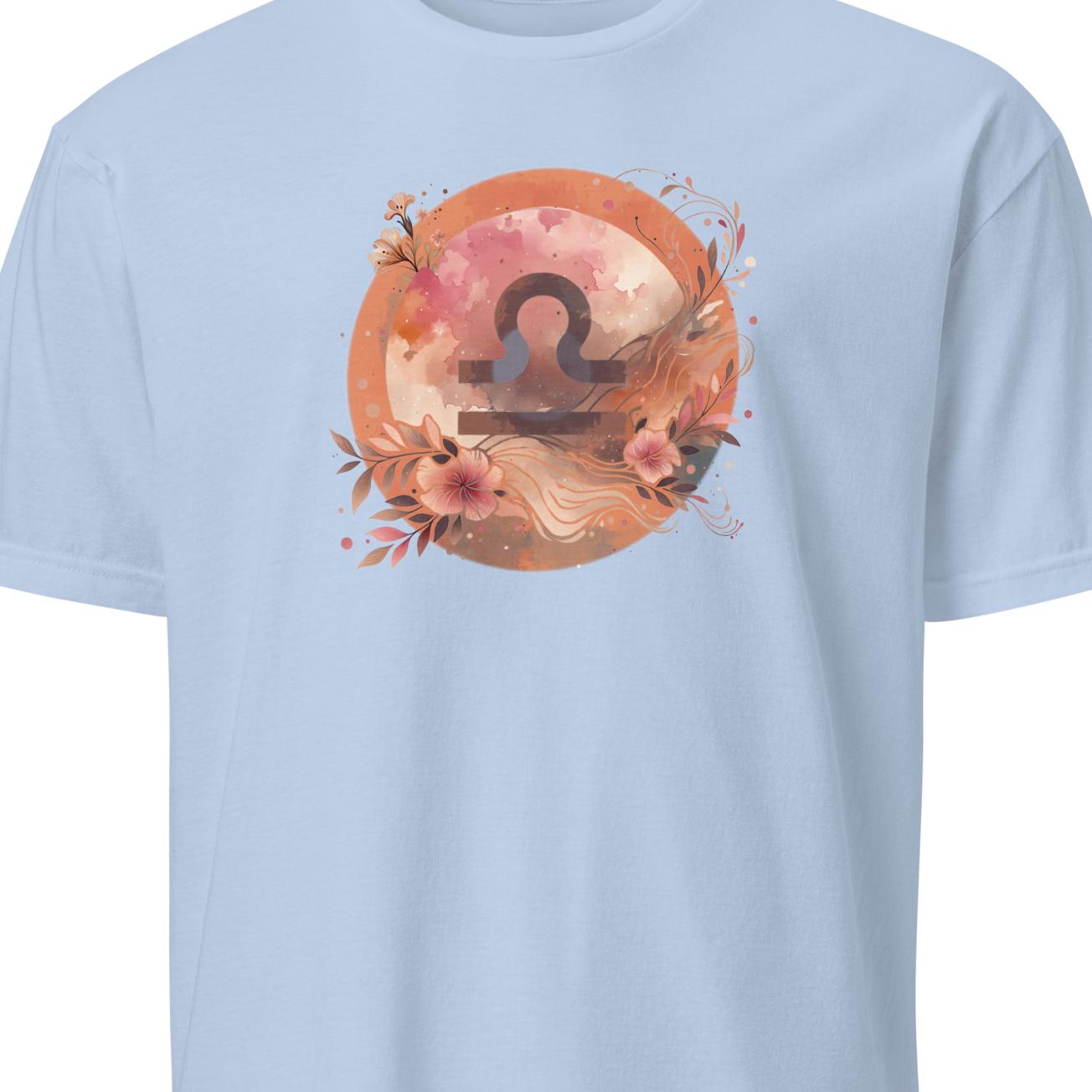 Light blue t-shirt with a floral zodiac symbol design on a white background