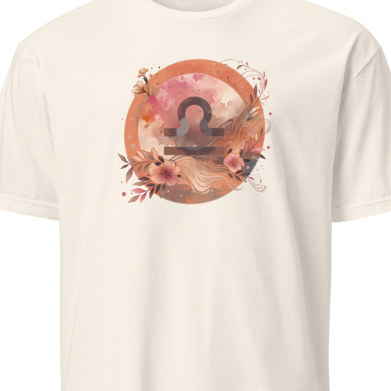 White t-shirt with a floral zodiac symbol design on a white background