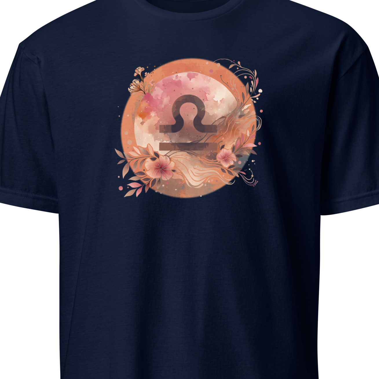 Navy blue t-shirt with a floral zodiac symbol design on a white background