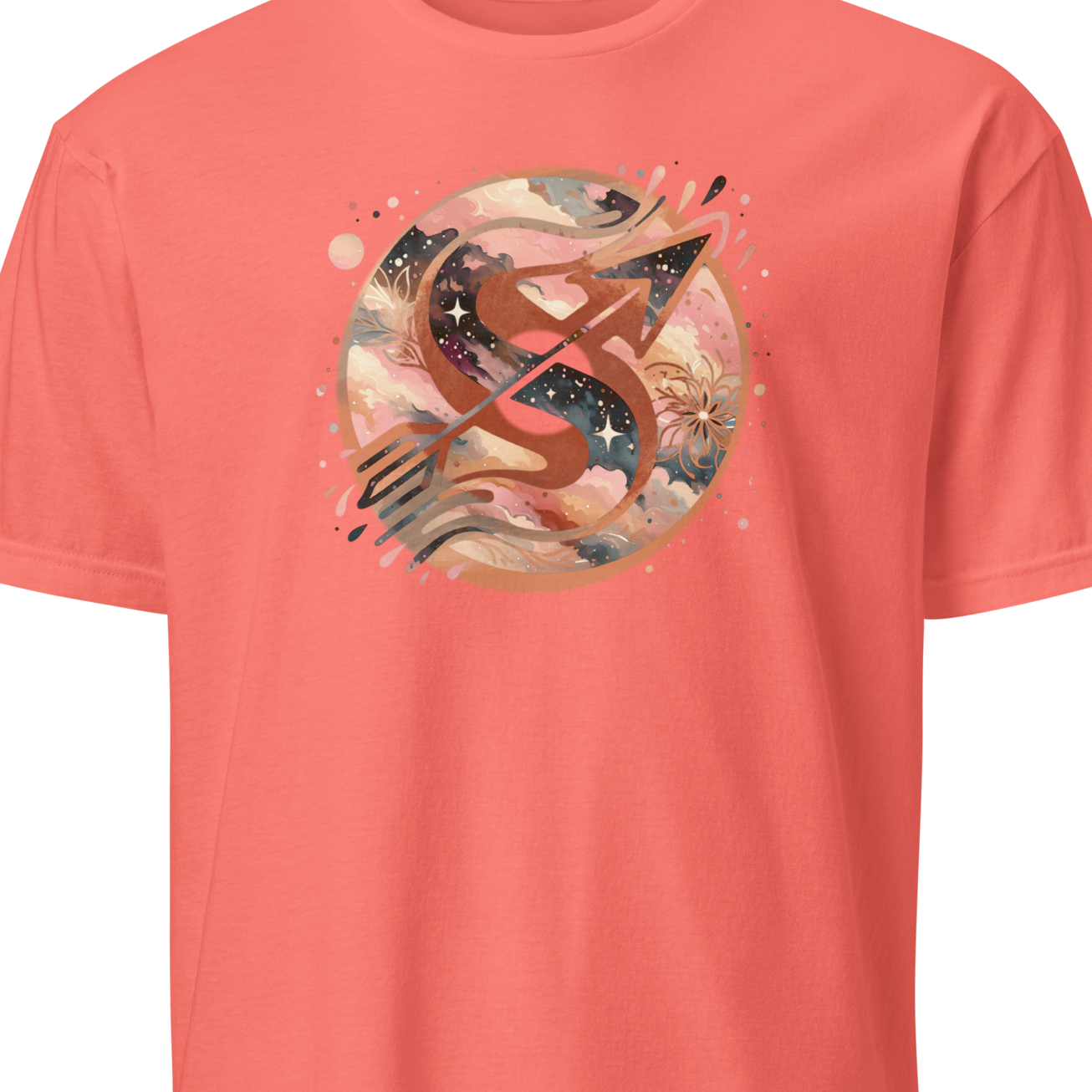 Coral t-shirt with a graphic design on a white background