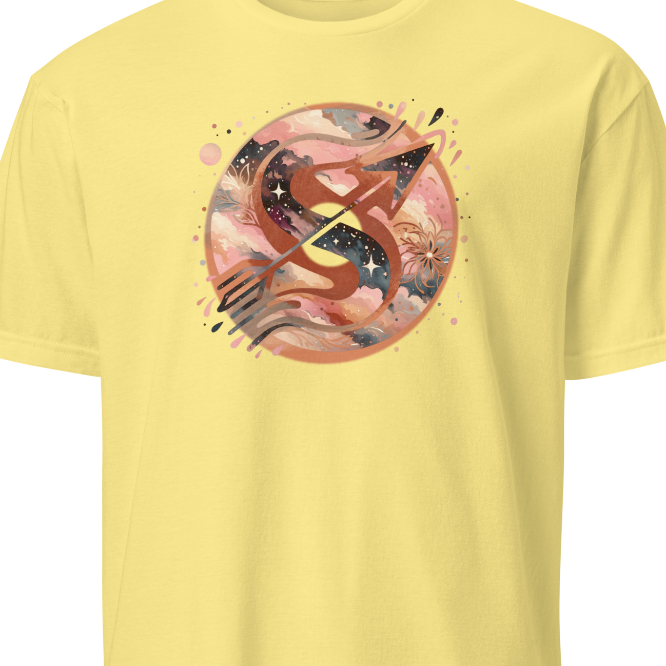 Yellow t-shirt with a colorful graphic design on a white background