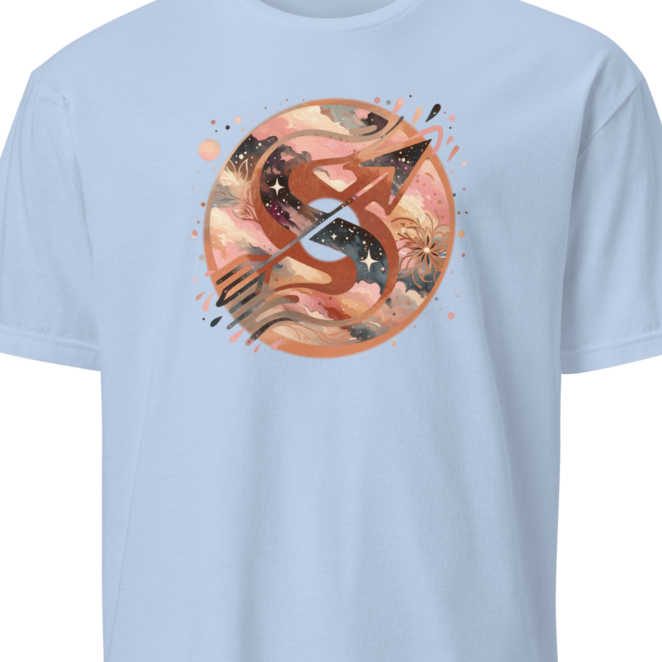 Light blue t-shirt with a colorful graphic design on a white background