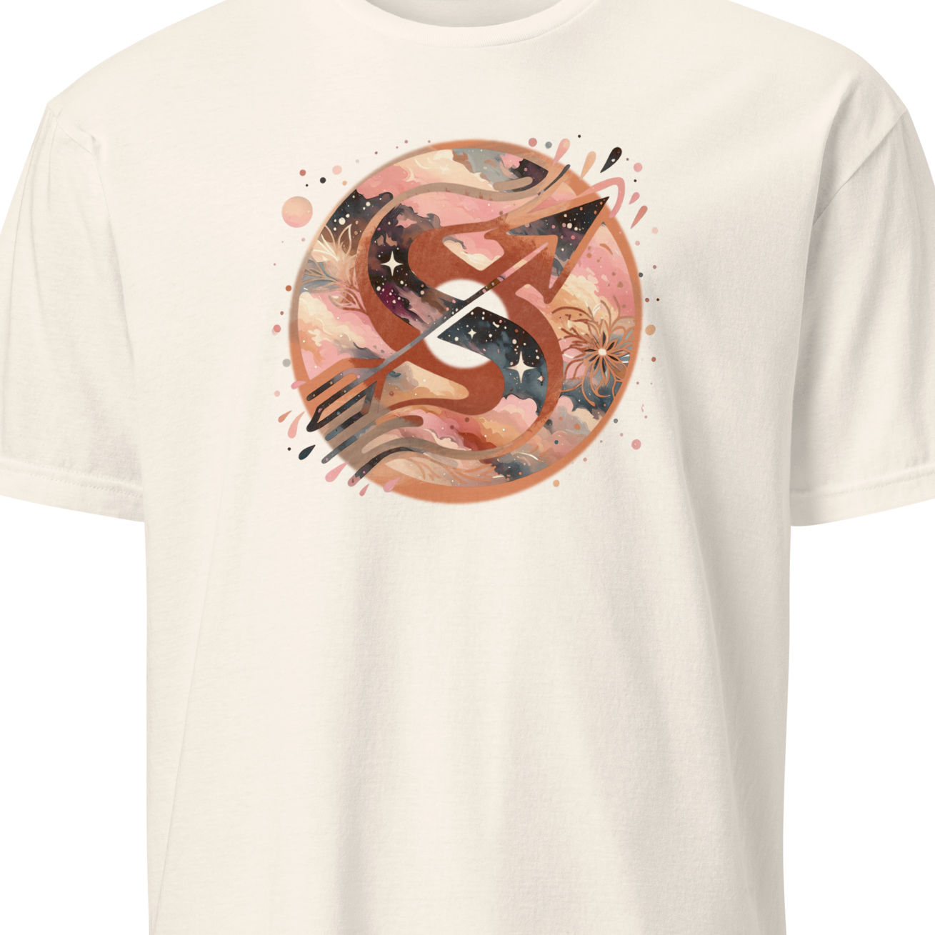 White t-shirt with black graphic and text on a white background