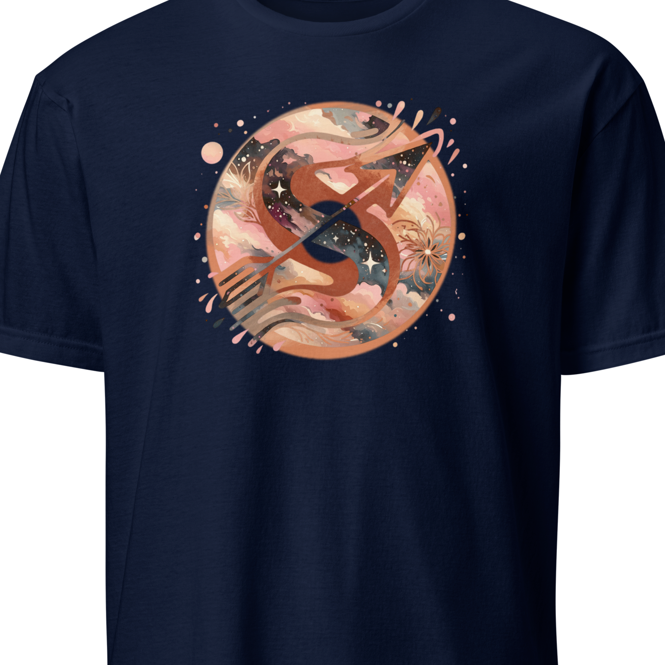 Navy blue t-shirt with a circular graphic design on a white background