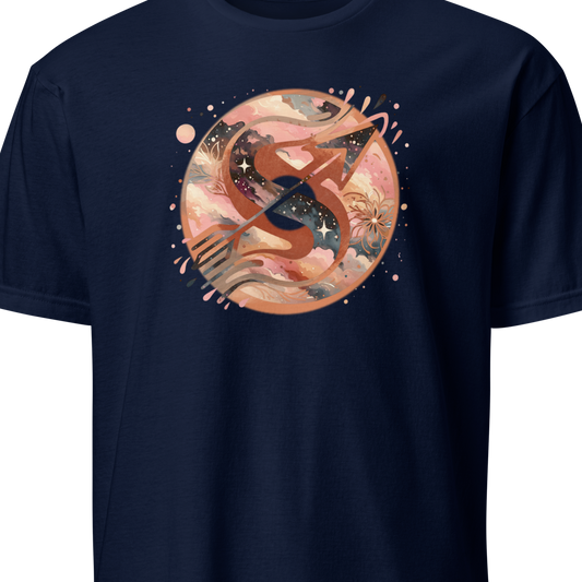 Navy blue t-shirt with a circular graphic design on a white background