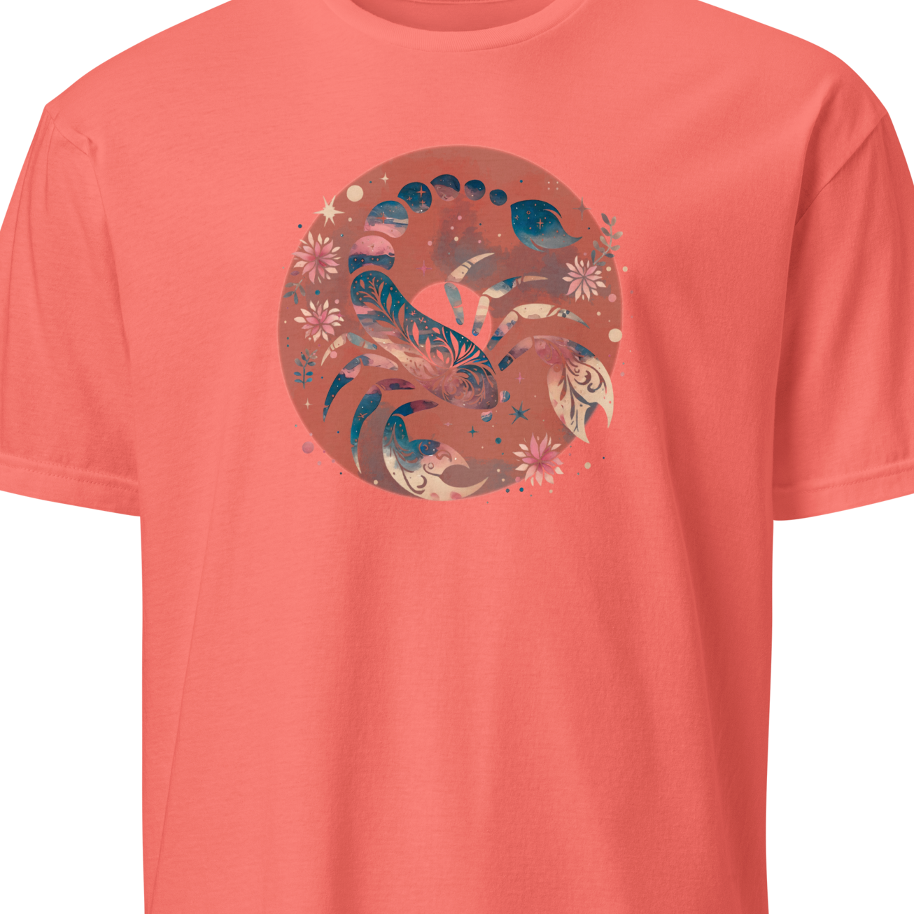 Coral t-shirt with a scorpion and floral design on a white background