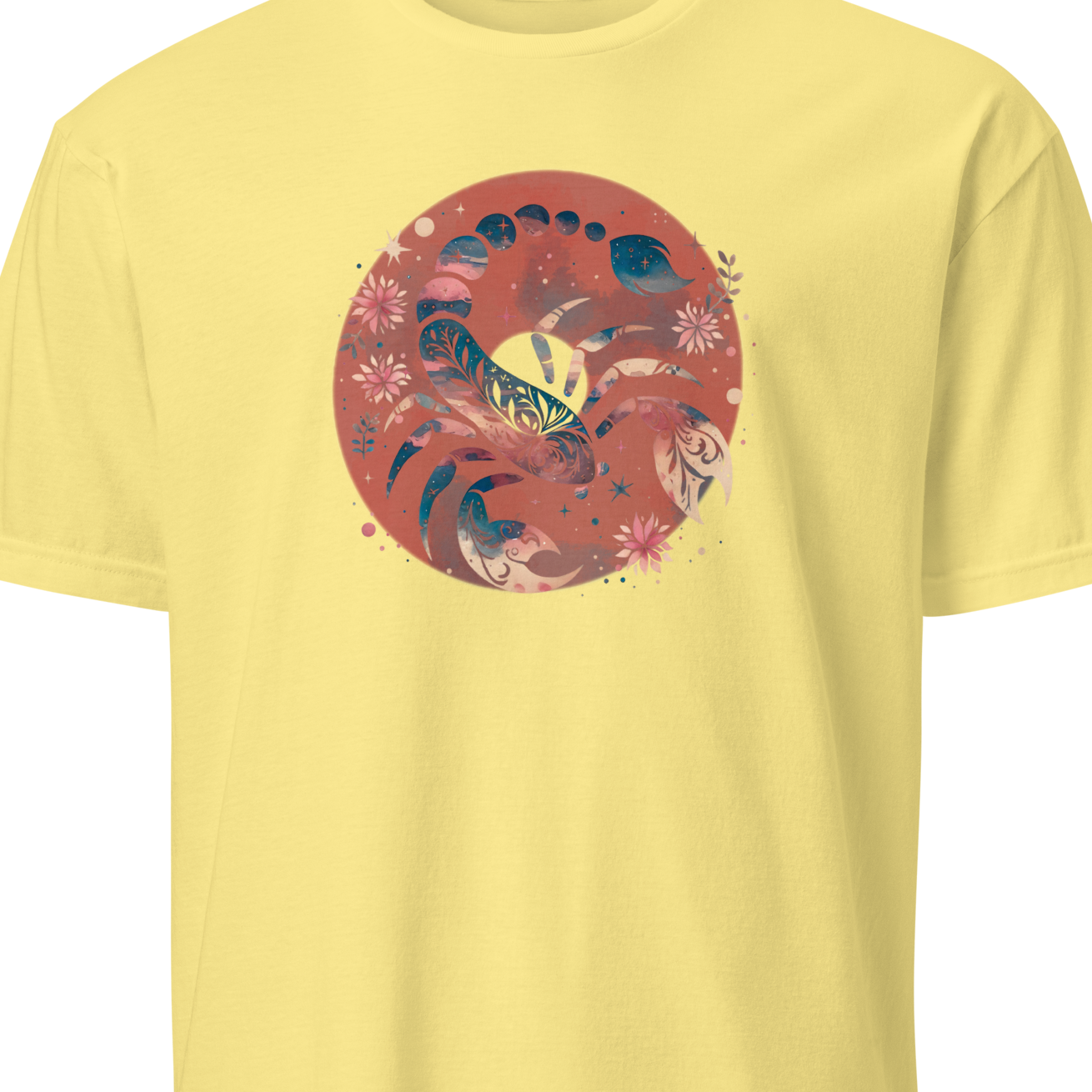 Yellow t-shirt with a circular floral design on a white background