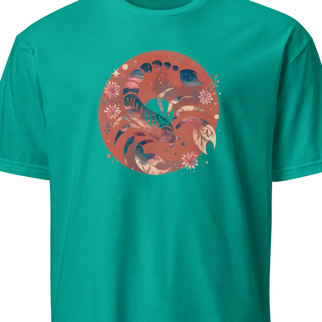 Teal t-shirt with a red and orange graphic design on a white background