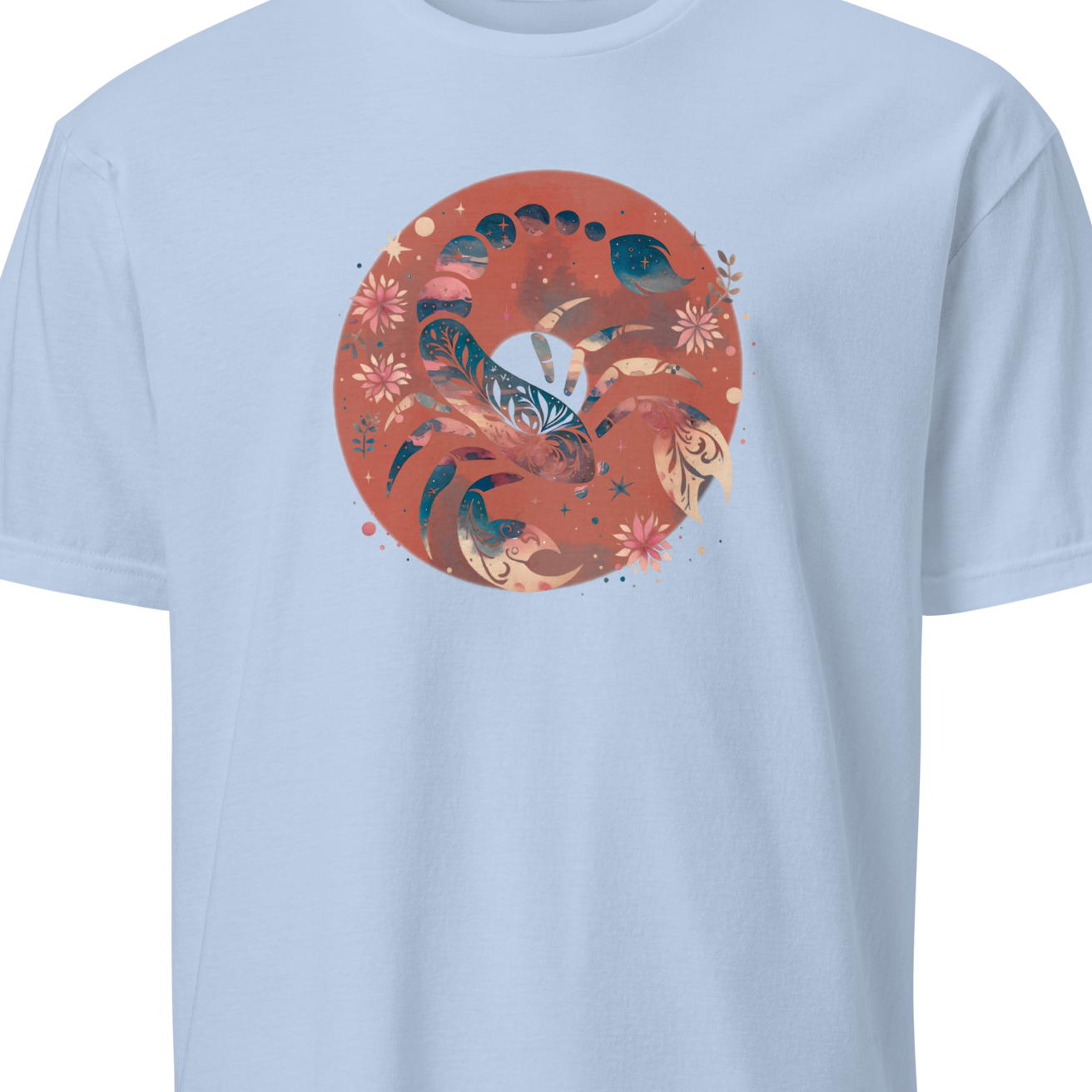Light blue t-shirt with a circular floral design on a white background