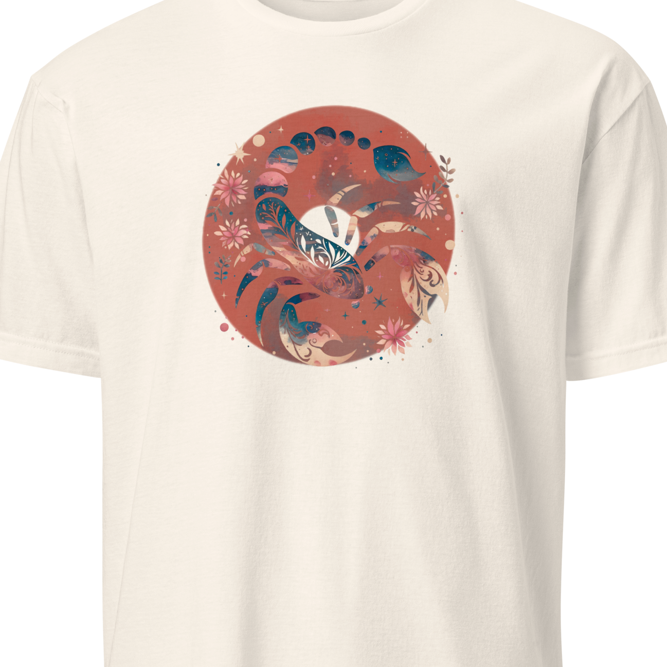 Beige t-shirt with a circular floral design on a white background