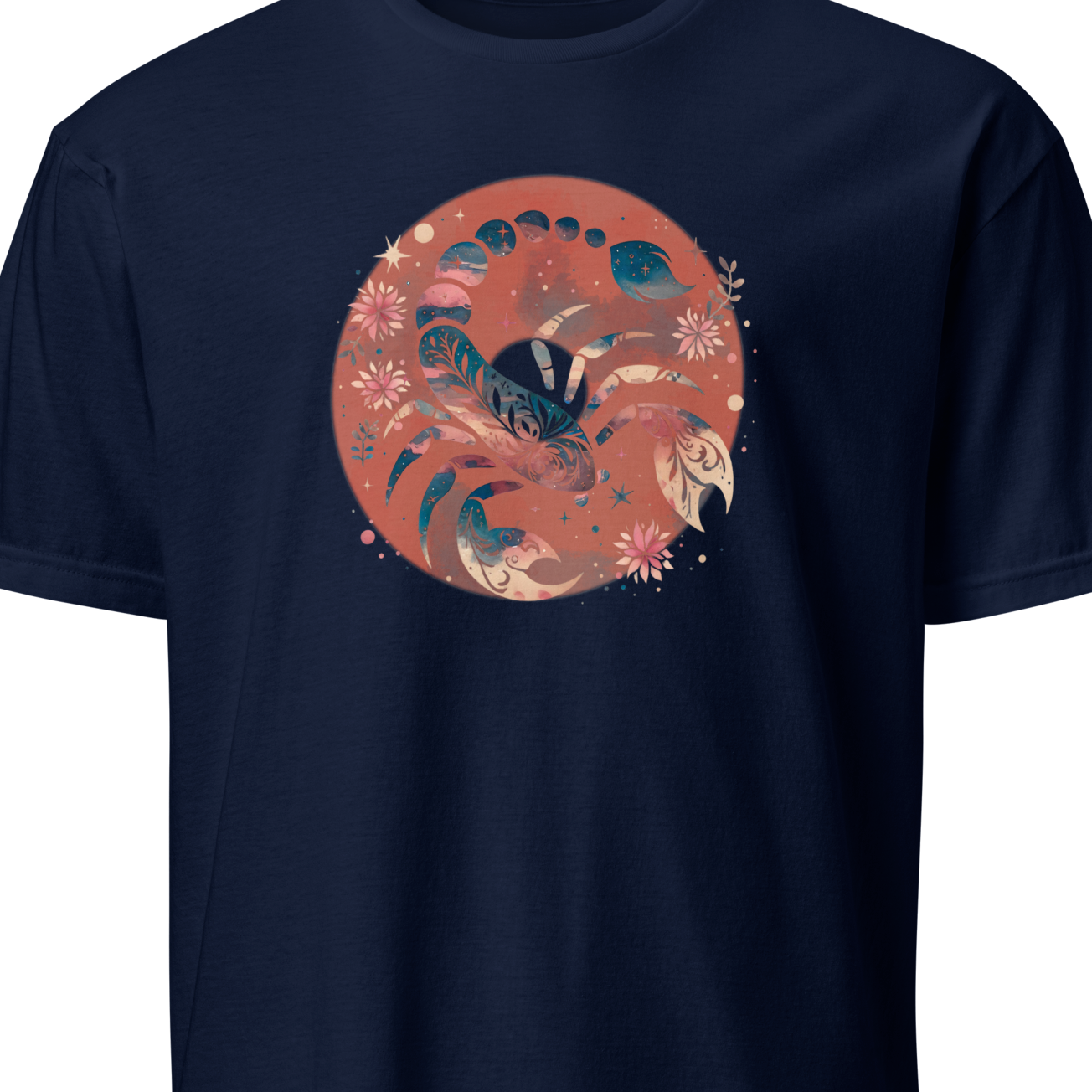 Navy blue t-shirt with a circular floral and scorpion design on a white background