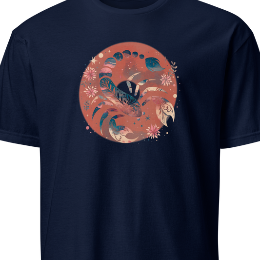 Navy blue t-shirt with a circular floral and scorpion design on a white background