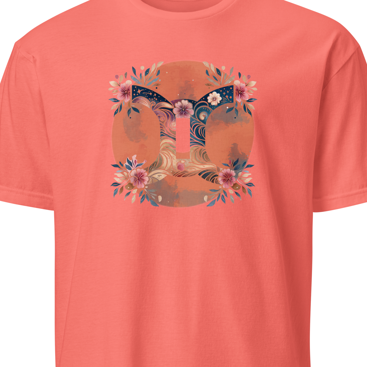 Coral t-shirt with floral and gemini design 