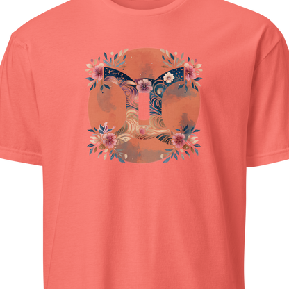 Coral t-shirt with floral and gemini design 