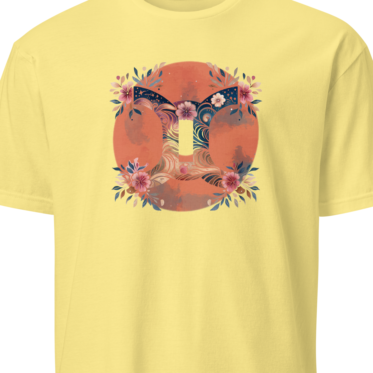 White t-shirt with a gemini graphic 