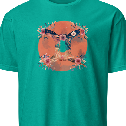 Teal t-shirt with a floral and gemini design on an orange circle