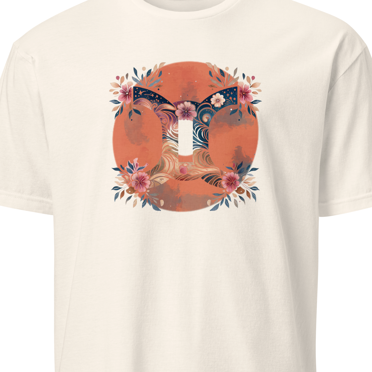 White t-shirt with a gemini graphic 