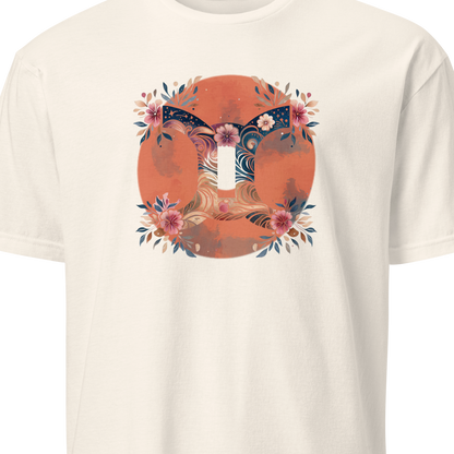 White t-shirt with a gemini graphic 
