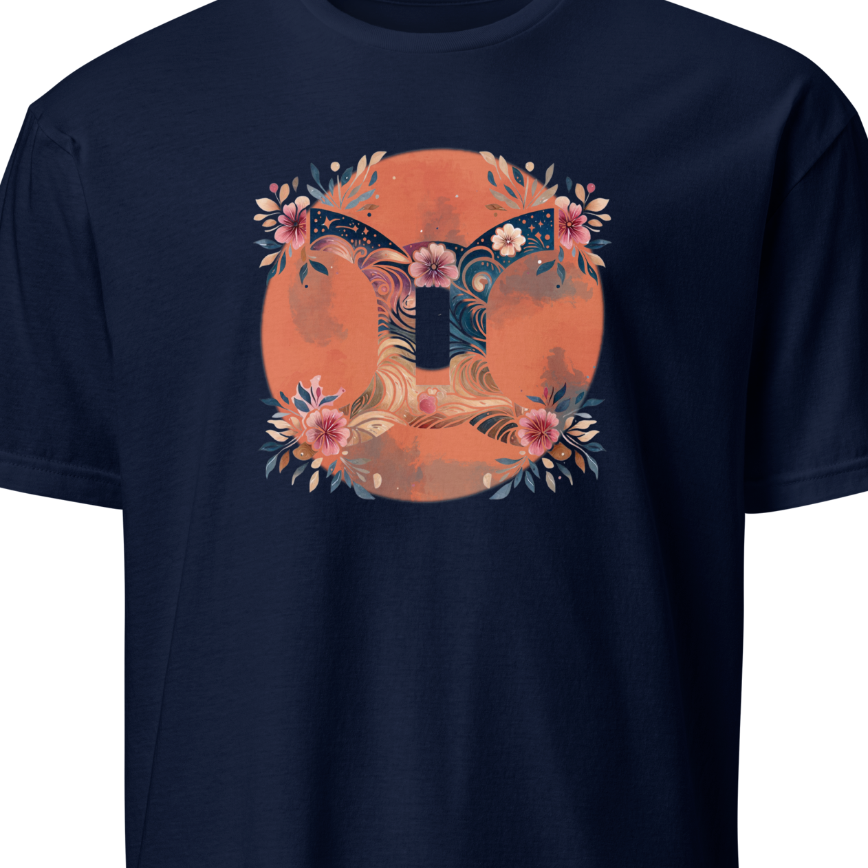 Navy blue t-shirt with a floral and sun design 