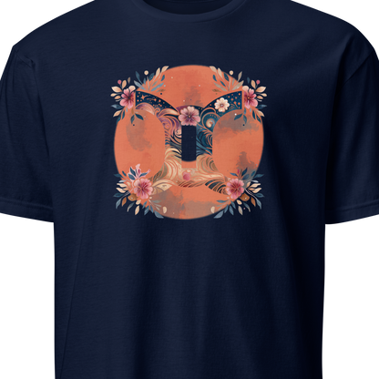 Navy blue t-shirt with a floral and sun design 