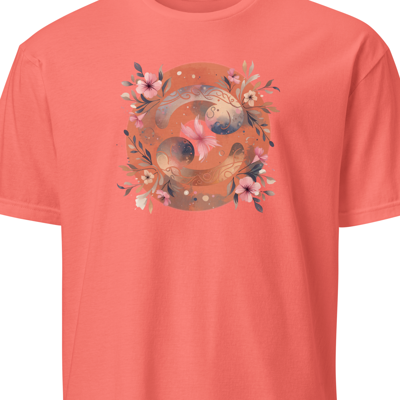 Coral t-shirt with a floral and nest design on a white background