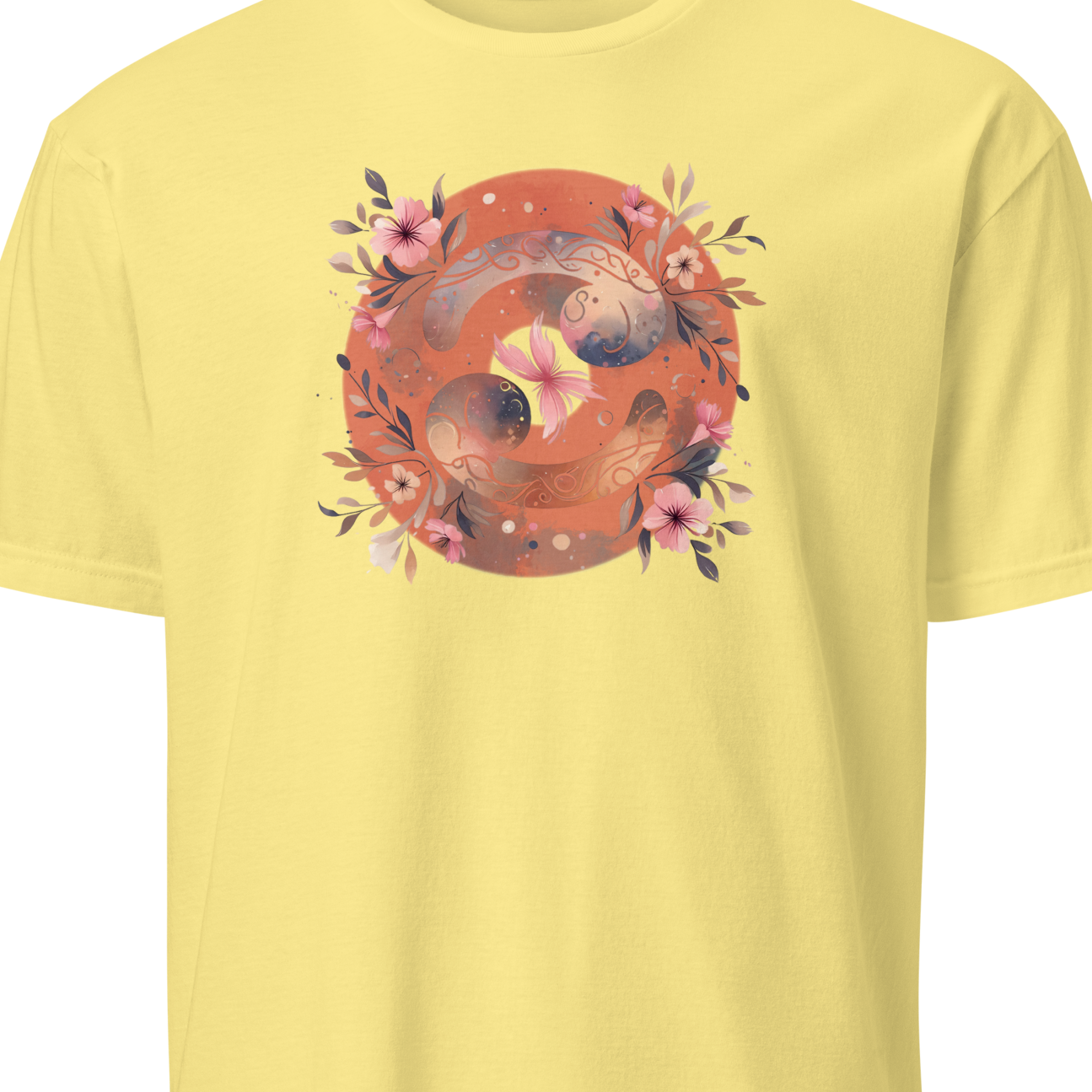 Yellow t-shirt with a floral and Cancerian design on a white background
