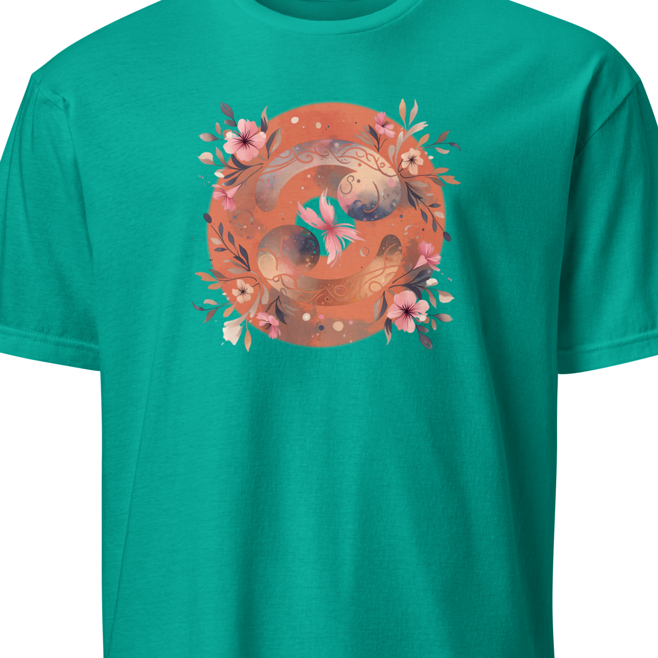 Teal t-shirt with a floral and bird design on a white background