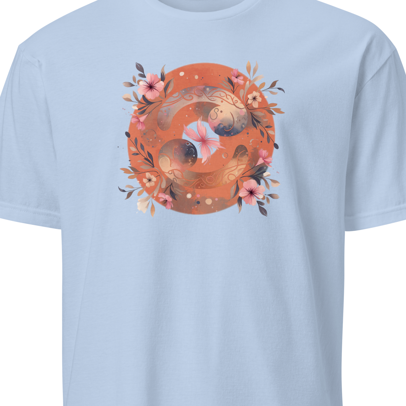Light blue t-shirt with a circular cancerian design featuring a fox and floral elements on a white background
