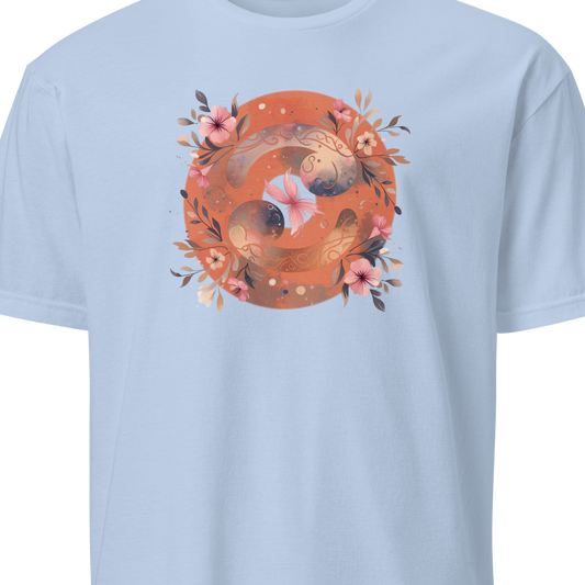 Light blue t-shirt with a circular cancerian design featuring a fox and floral elements on a white background
