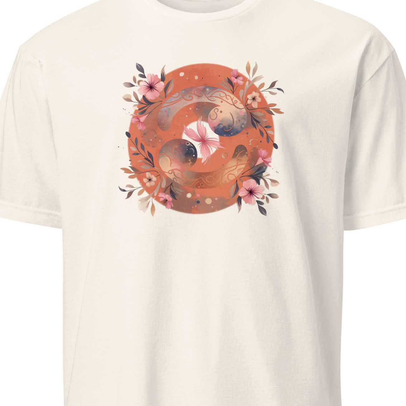 White t-shirt with a floral and abstract cancerian design on a white background