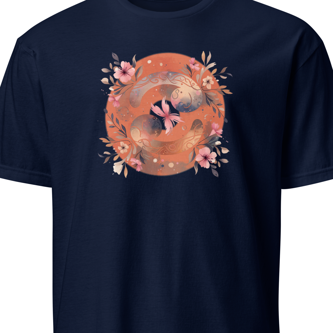 Navy blue t-shirt with a floral and butterfly cancerian design on a white background
