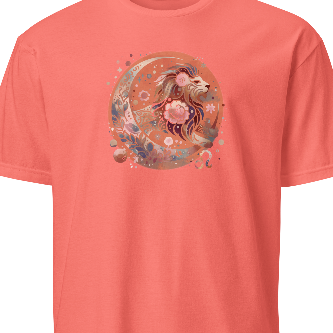 Coral t-shirt with a floral crescent moon design on a white background