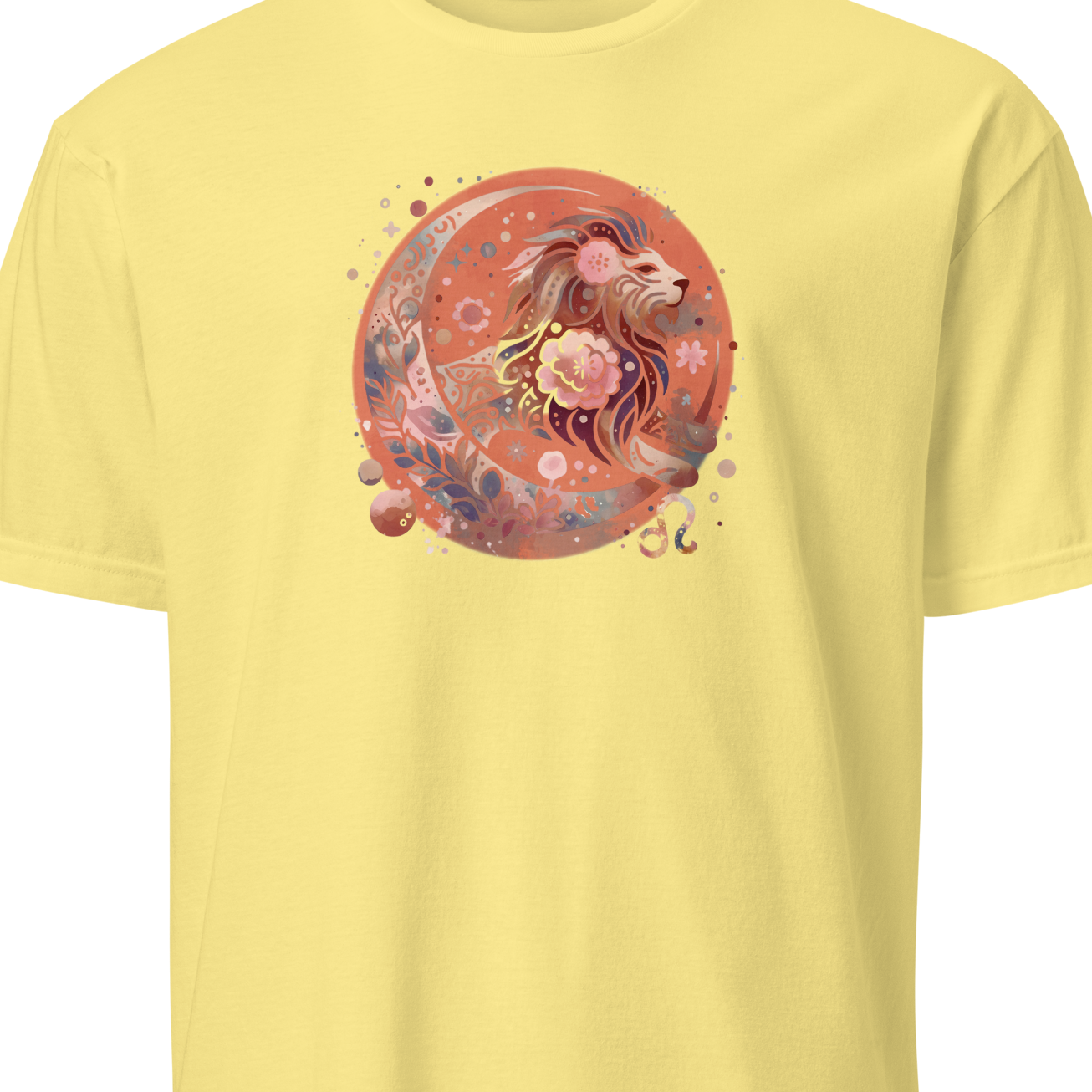 Yellow t-shirt with a colorful graphic design on a white background