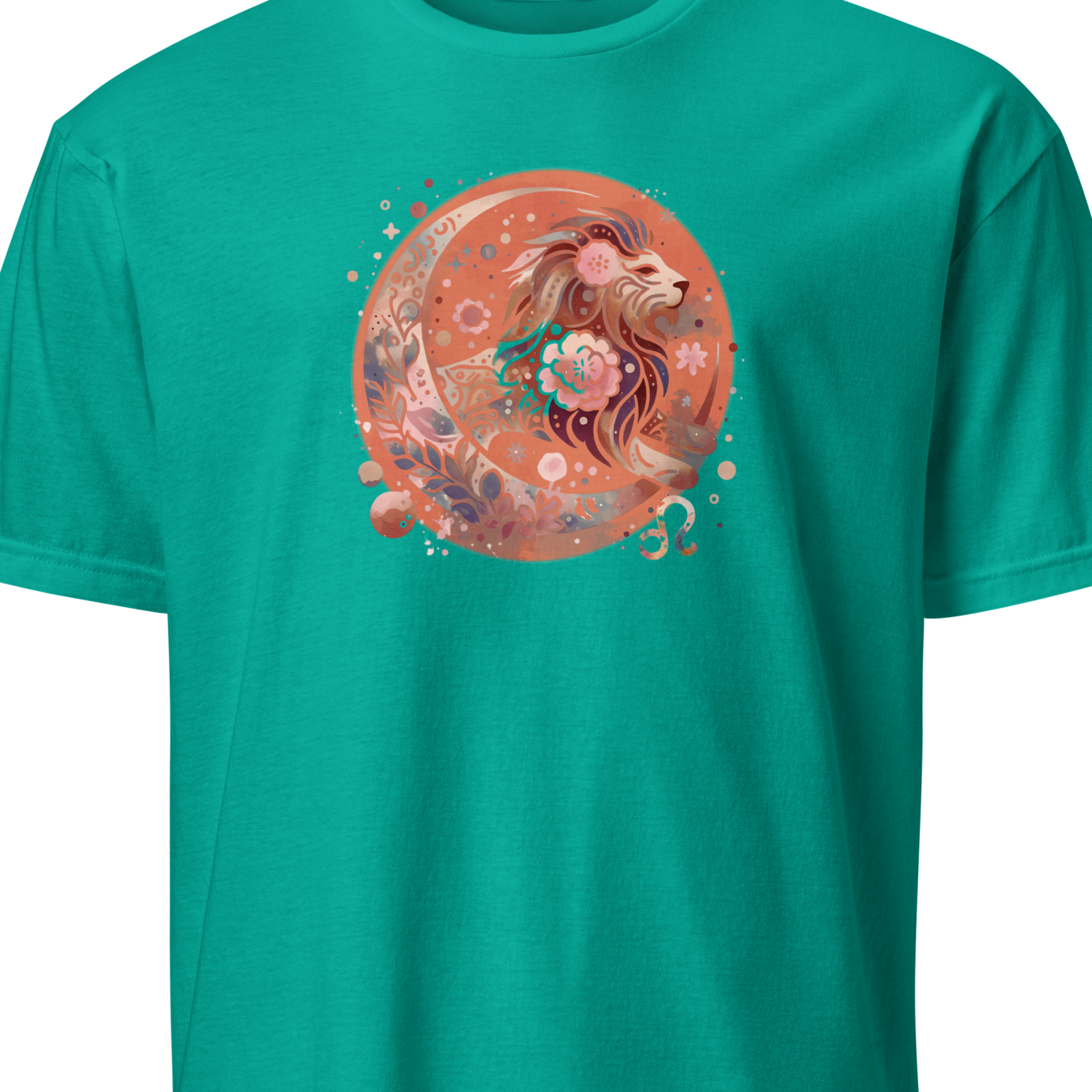 Teal t-shirt with a colorful graphic design on a white background