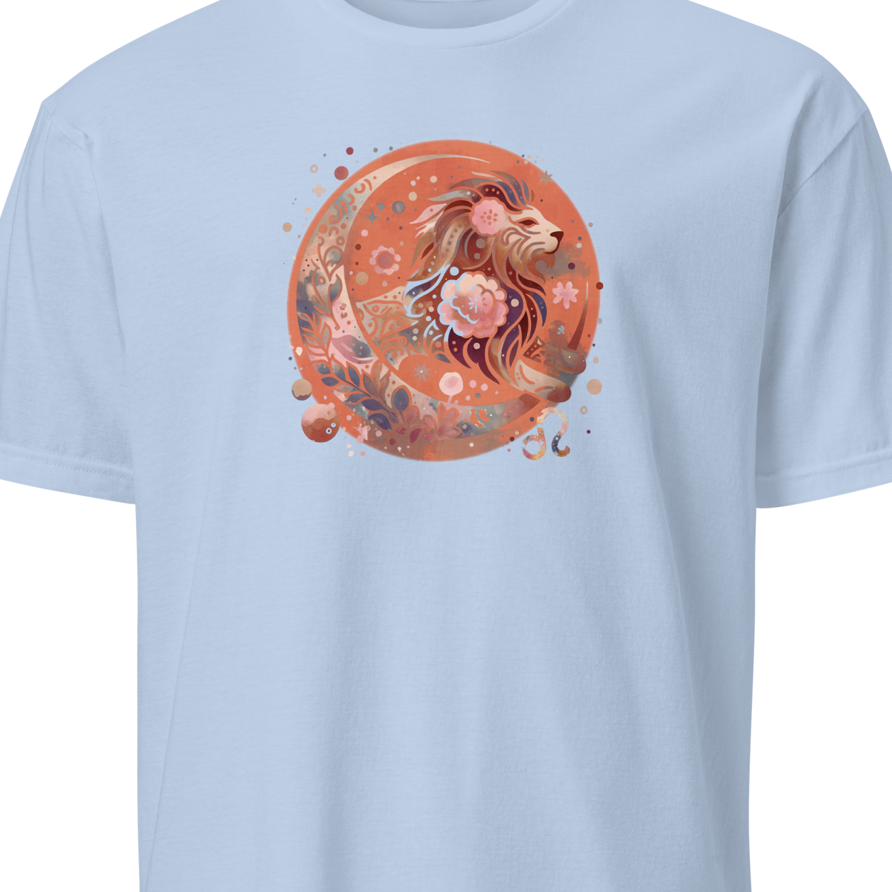 Light blue t-shirt with a colorful graphic design on a white background