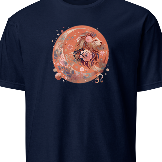 Navy blue t-shirt with a circular design featuring a dragon and floral elements on a white background.