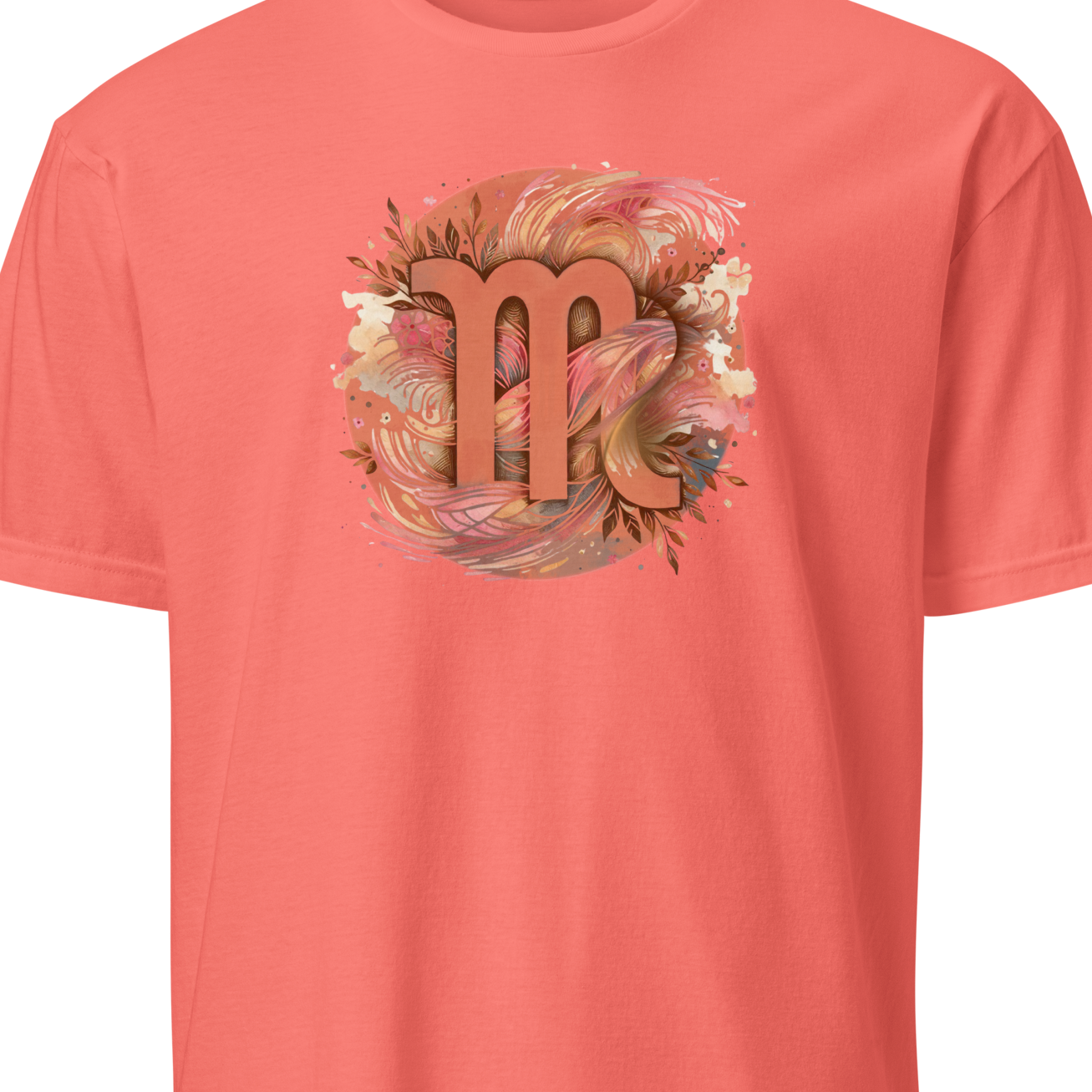 Coral t-shirt with a decorative 'm' design on a white background