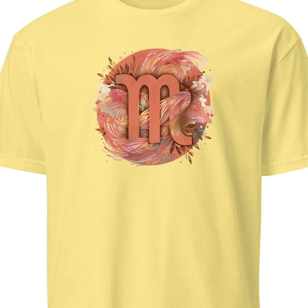 Yellow t-shirt with a pink and orange 'm' design on a white background