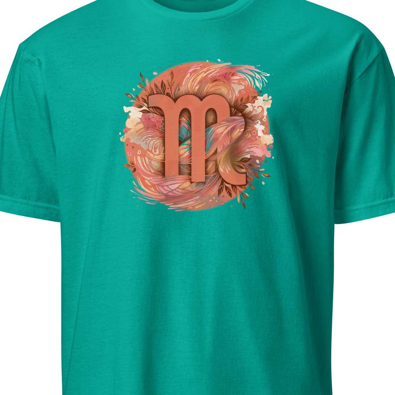 Teal t-shirt with a floral Virgo zodiac design on a white background