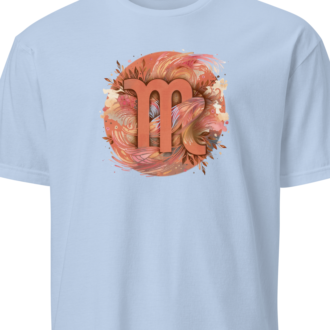 Light blue t-shirt with a floral Virgo zodiac design on a white background