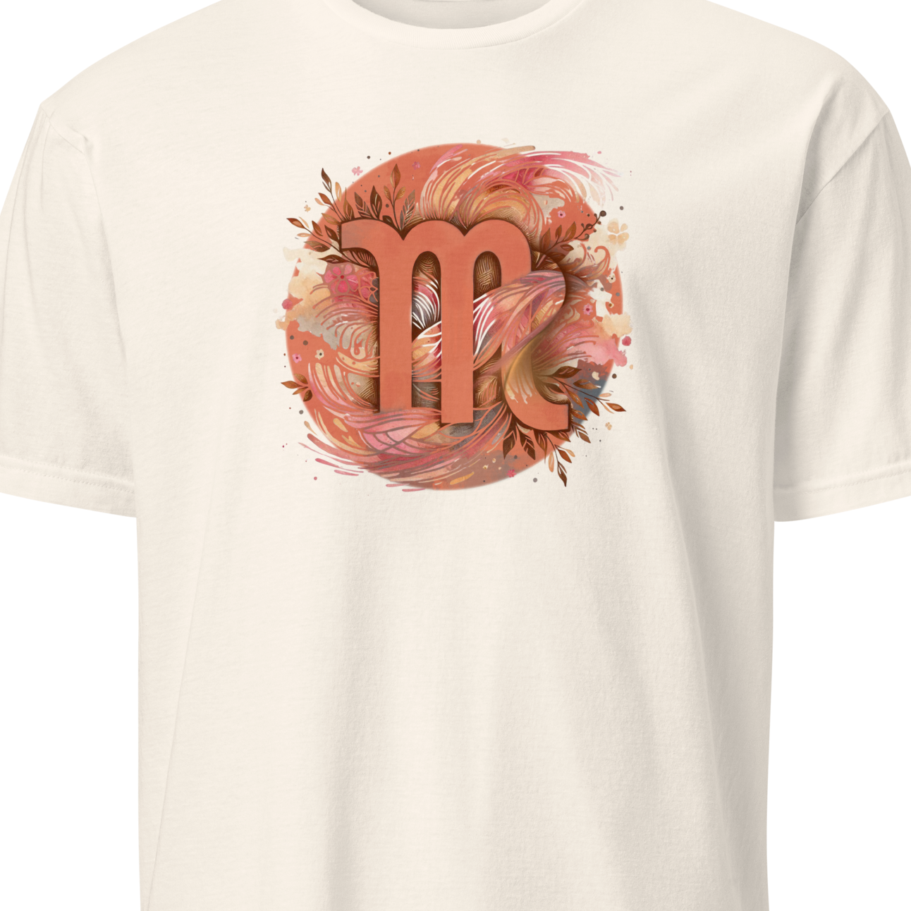 White t-shirt with a colorful 'm' design on a white background