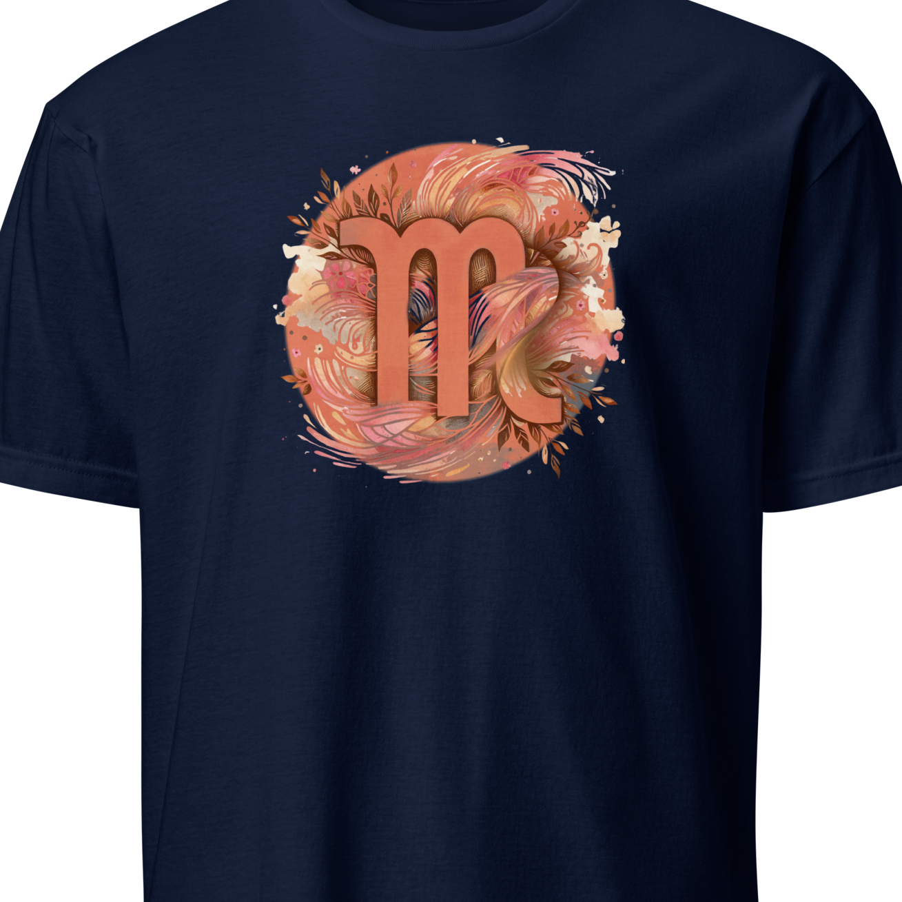 Navy blue t-shirt with a decorative 'm' design on a white background
