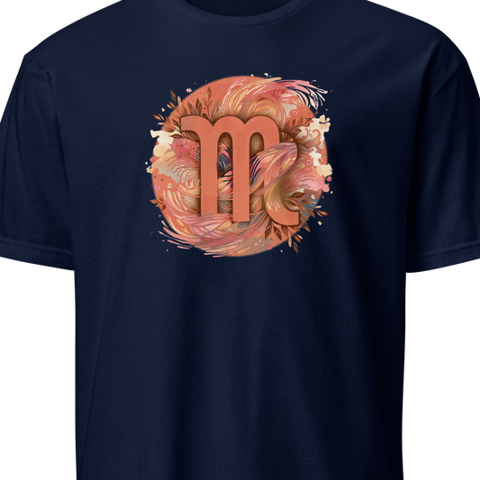 Navy blue t-shirt with a decorative 'm' design on a white background