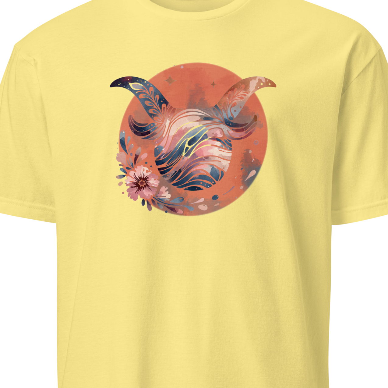 Yellow t-shirt with a colorful taurus design
