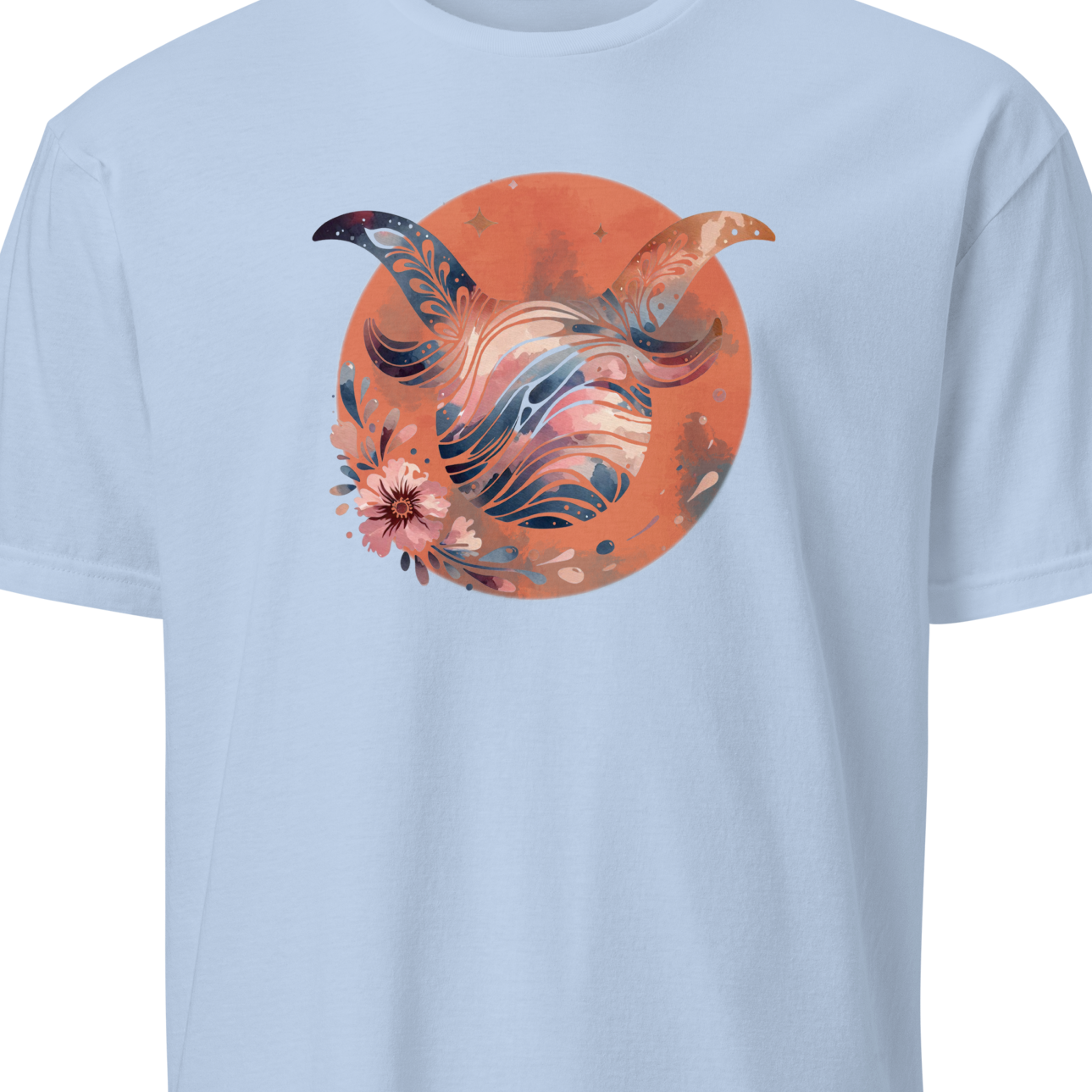 Light blue t-shirt with a colorful abstract design 