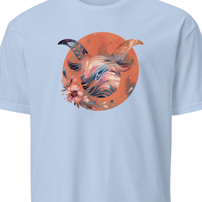 Light blue t-shirt with a colorful abstract design 